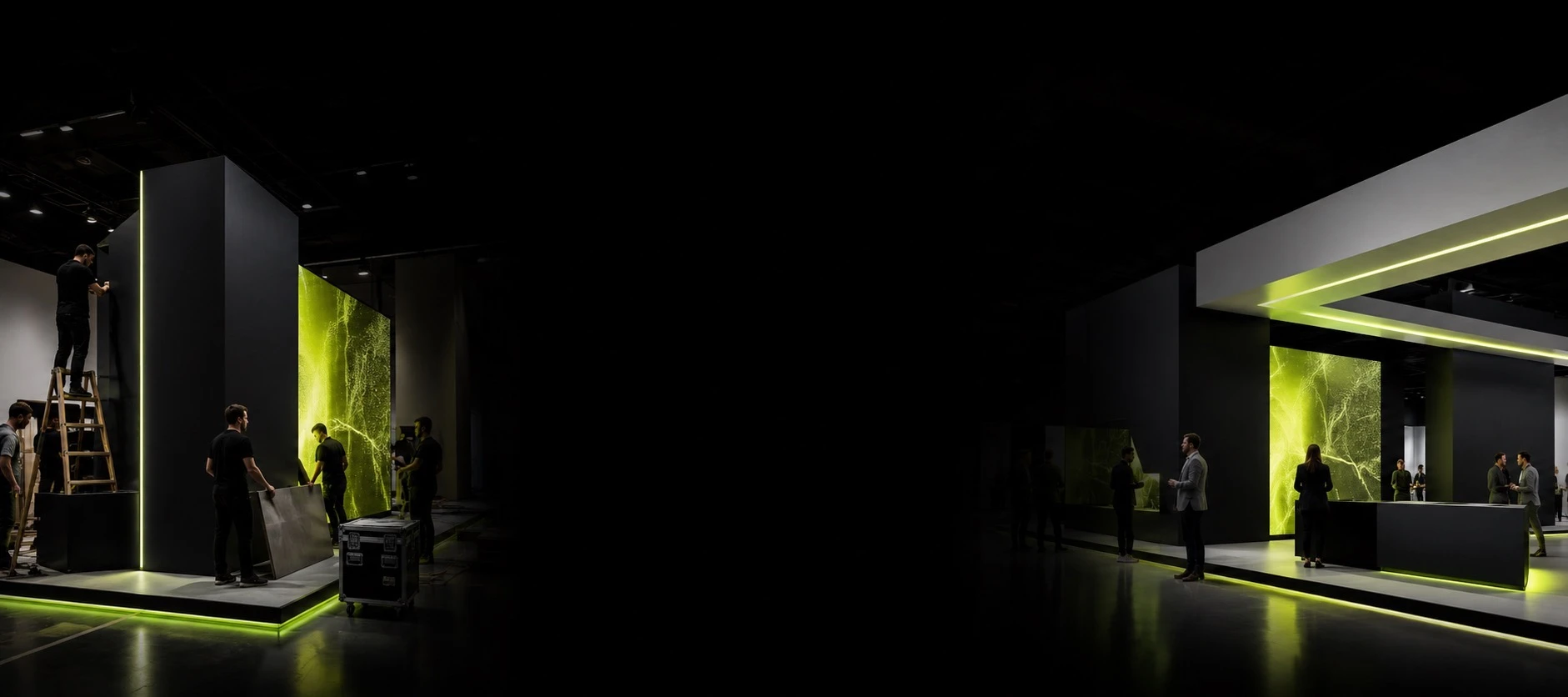 an immersive exhibition environment with illuminated green architectural details